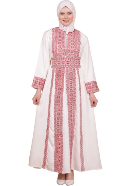 Beyaz Rengi Kırmızı Güller Filistin Geleneksel Nakışlı Elbise C100056