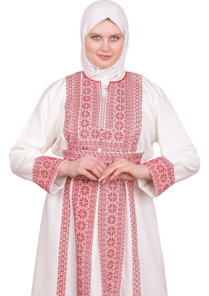 Beyaz Rengi Kırmızı Güller Filistin Geleneksel Nakışlı Elbise C100056 modelleri