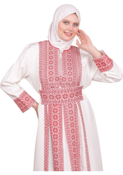 Beyaz Rengi Kırmızı Güller Filistin Geleneksel Nakışlı Elbise C100056 indirimleri