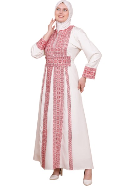 Beyaz Rengi Kırmızı Güller Filistin Geleneksel Nakışlı Elbise C100056