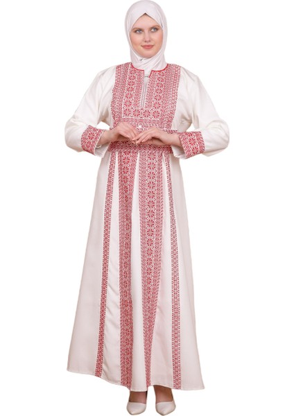 Beyaz Rengi Kırmızı Güller Filistin Geleneksel Nakışlı Elbise C100056