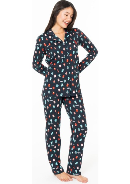 20166 Kadın Lacıvert V Yaka Uzun Kollu Pijama Takımı