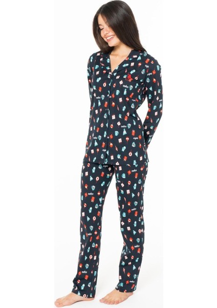 20166 Kadın Lacıvert V Yaka Uzun Kollu Pijama Takımı fiyatları