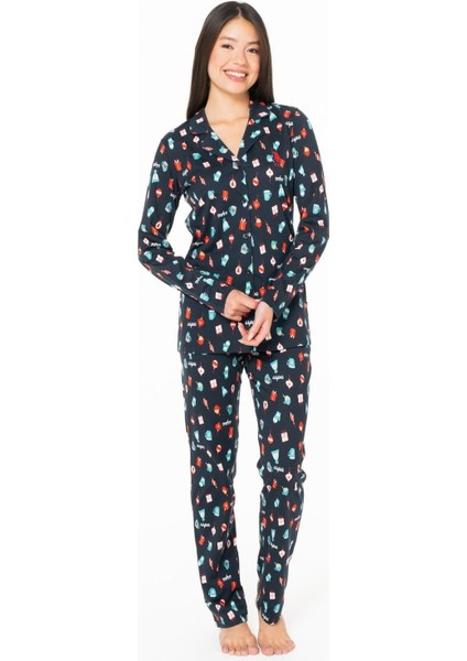 20166 Kadın Lacıvert V Yaka Uzun Kollu Pijama Takımı modelleri