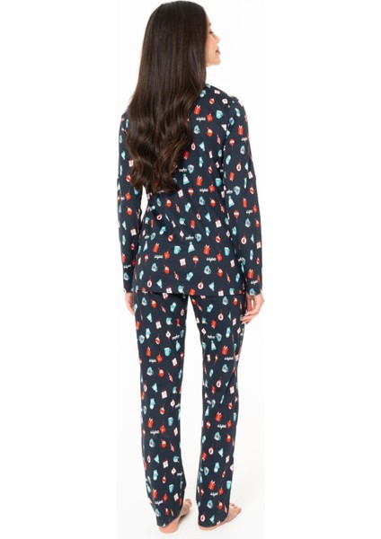 20166 Kadın Lacıvert V Yaka Uzun Kollu Pijama Takımı fırsatları