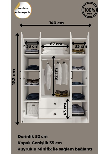 %100 Mdf 4 Kapaklı 2 Çekmeceli 12 Raflı Elbise Dolabı – Gardırop 182X140X52 cm Ceviz Soft Beyaz – Animasyonlu/cabinse fiyatları