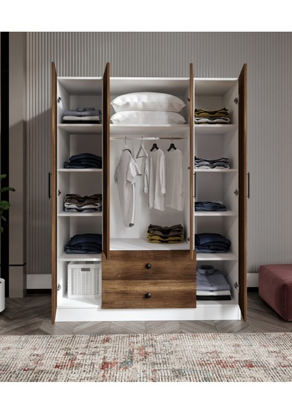 %100 Mdf 4 Kapaklı 2 Çekmeceli 12 Raflı Elbise Dolabı – Gardırop 182X140X52 cm Ceviz Soft Beyaz – Animasyonlu/cabinse fırsatları