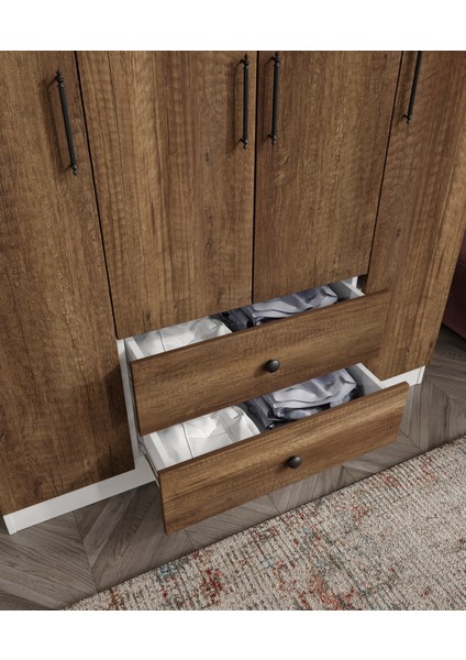 %100 Mdf 4 Kapaklı 2 Çekmeceli 12 Raflı Elbise Dolabı – Gardırop 182X140X52 cm Ceviz Soft Beyaz – Animasyonlu/cabinse