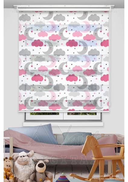 Ay ve Bulut Baskılı Çocuk Odası Perdesi - Pembe - Dijital Baskılı Zebra Stor Perde