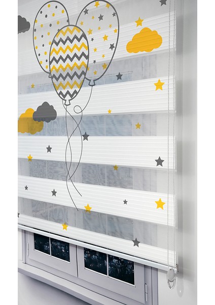 Sarı Gri Balon Baskılı Plise Pano Perde - Dijital Baskılı Zebra Stor Perde fiyatları