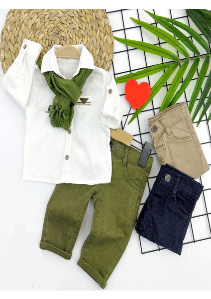 9-12-18-24 Ay ve 3-4-5 Yaş Fularlı Pamuk Keten Gömlekli Pantolonlu 3lü Erkek Bebek Takımı