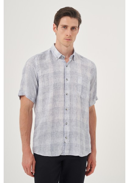 Erkek Lacivert Keten Trend Regular Fit Düğmeli Yaka Kısa Kol Gömlek modelleri