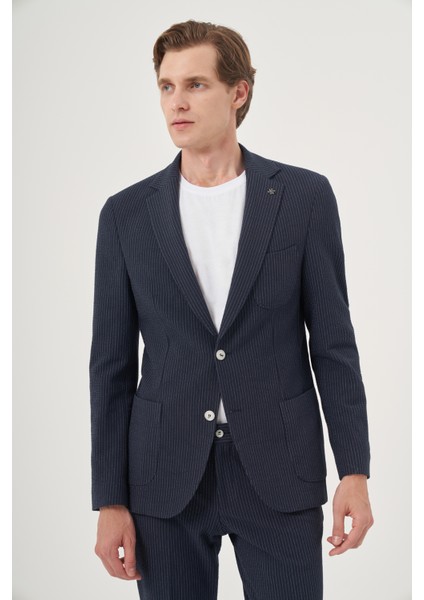 Erkek Indigo Poliviskon Trend Çizgili Slim Fit Mono Yaka Takım Elbise