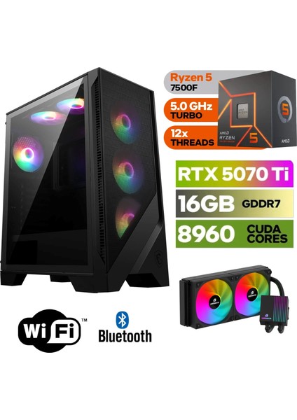 Şafak-Gaming Pc Ddr5-Rtx 5070Tİ 16GB -Ryzen 5 7500F – 64 GB Ddr5 Ram – 1 Tb M.2 SSD 5000 4000 – 240MM Sıvı Sogutma -Windows 11 Pro-