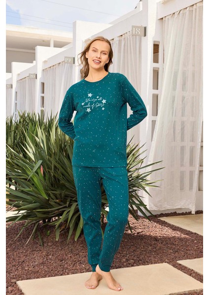 Kadın Lavin Ribana Manşetli Teal Renk Koton Pijama Takım 0524