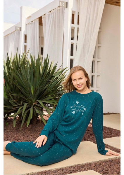 Kadın Lavin Ribana Manşetli Teal Renk Koton Pijama Takım 0524 fiyatları