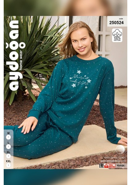 Kadın Lavin Ribana Manşetli Teal Renk Koton Pijama Takım 0524 modelleri