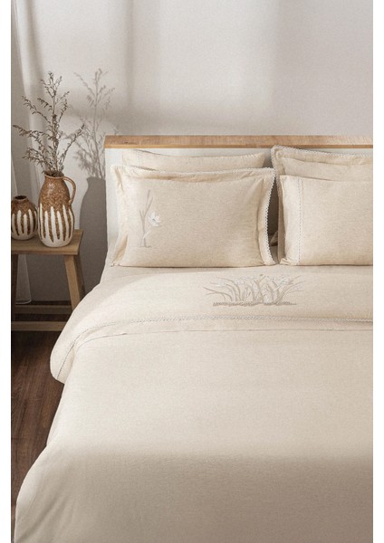 Mihra Bej Çift Kişilik %100 Organik Pamuk Keten Nevresim Takımı