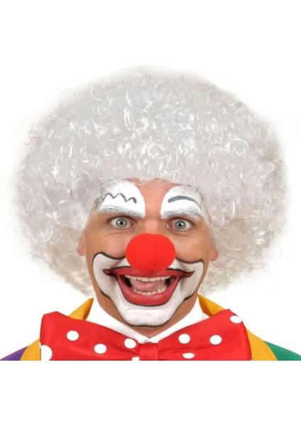 Beyaz Renk Kıvırcık Afro Bonus Peruk Saç ve Kırmızı Sünger B Seti