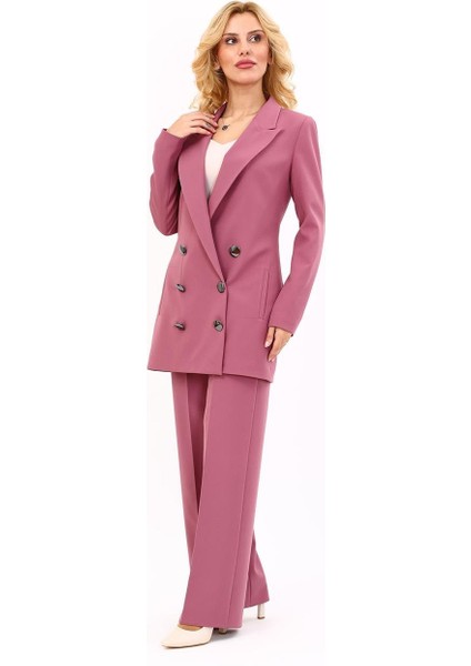 Erkek Yaka Kuruvaze Uzun Ceket & Bol Paça Pantolon-Rose