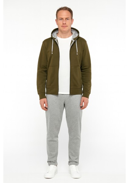 Erkek Field Normal Kesim Üç Iplik Şardonsuz Kapüşonlu Sweat Mont Haki Yeşil