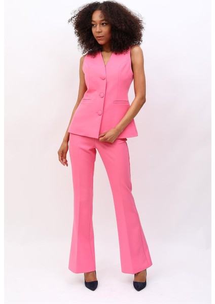 Uzun Klasik Yelek & Ispanyol Paça Pantolon Takım-Pembe
