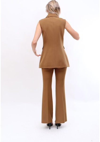 Blazer Yelek & Ispanyol Paça Pantolon-Camel fırsatları