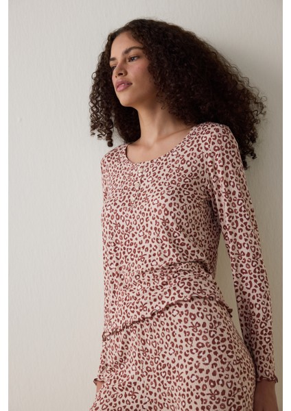 Bej Dreaming Leopar Desenli Bisiklet Yaka Uzun Kollu Pijama Üstü