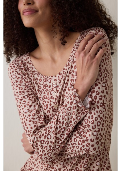 Bej Dreaming Leopar Desenli Bisiklet Yaka Uzun Kollu Pijama Üstü fiyatları