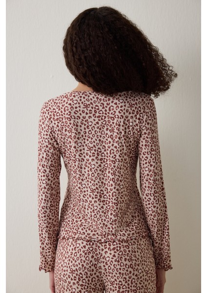 Bej Dreaming Leopar Desenli Bisiklet Yaka Uzun Kollu Pijama Üstü indirimleri