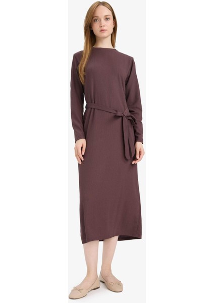 Regular Fit Bisiklet Yaka Bağlamalı Uzun Kollu Maxi Elbise D9063AX25SP