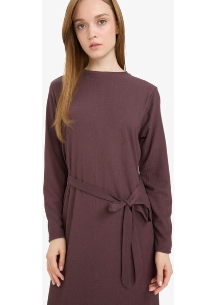 Regular Fit Bisiklet Yaka Bağlamalı Uzun Kollu Maxi Elbise D9063AX25SP fırsatları