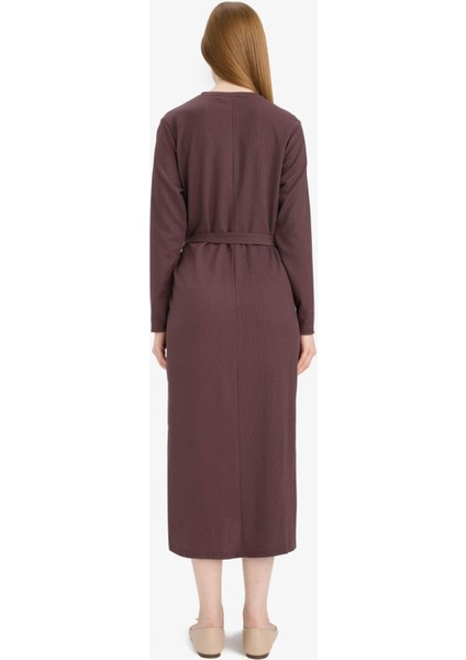 Regular Fit Bisiklet Yaka Bağlamalı Uzun Kollu Maxi Elbise D9063AX25SP