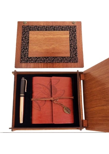 Dekoratif Hediyelik Ahşap Kutulu Kahve Deri Defter ve Metal Bakır Kalem modelleri