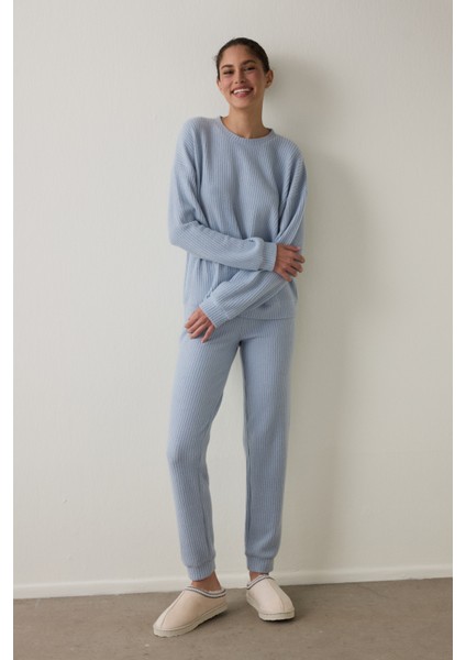Açık Mavi Bisiklet Yaka Uzun Kollu Waffle Termal Etkili Pijama Takımı