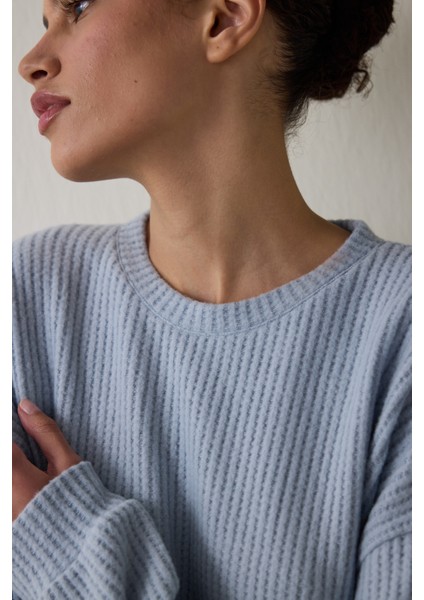 Açık Mavi Bisiklet Yaka Uzun Kollu Waffle Termal Etkili Pijama Takımı modelleri