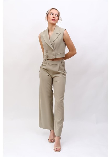 Crop Yelek & Düğmeli Bol Paça Pantolon Takım-Bambu