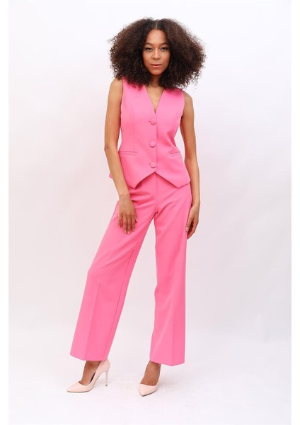 Klasik Yelek & Bol Paça Pantolon Takım-Pembe