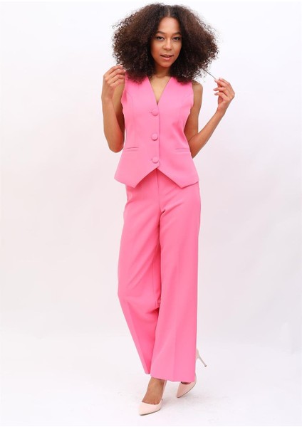 Klasik Yelek & Bol Paça Pantolon Takım-Pembe modelleri