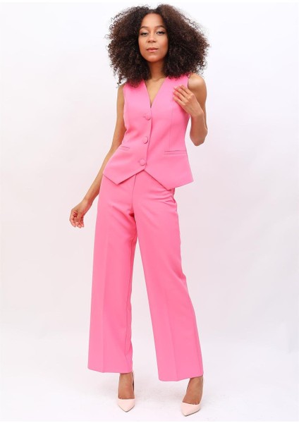 Klasik Yelek & Bol Paça Pantolon Takım-Pembe fırsatları