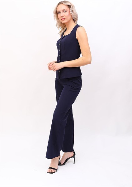 Boydan Düğmeli Yelek & Bol Paça Pantolon Takım-Lacivert