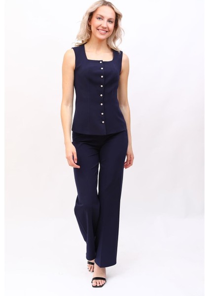 Boydan Düğmeli Yelek & Bol Paça Pantolon Takım-Lacivert fiyatları