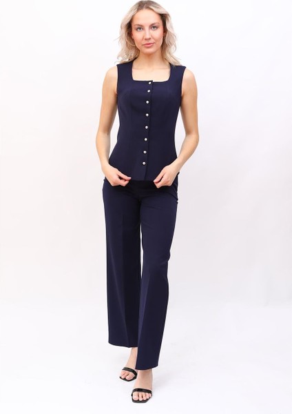 Boydan Düğmeli Yelek & Bol Paça Pantolon Takım-Lacivert modelleri