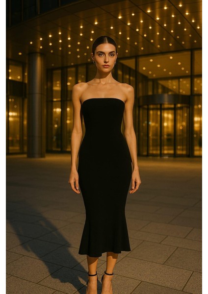 Kadın Fırfır Detay Jarse Straplez Kesim Midi Elbise 583224 Siyah