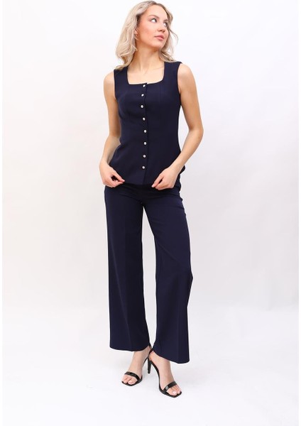 Boydan Düğmeli Yelek & Bol Paça Pantolon Takım-Lacivert indirimleri