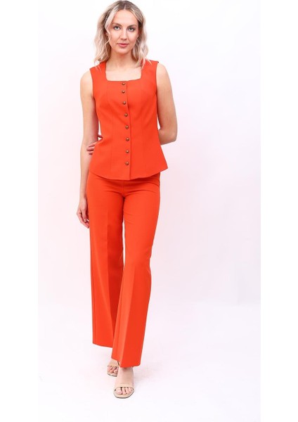 Boydan Düğmeli Yelek & Bol Paça Pantolon Takım-Turuncu