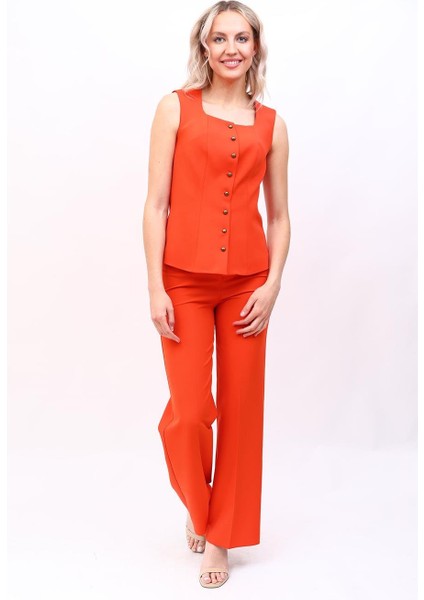Boydan Düğmeli Yelek & Bol Paça Pantolon Takım-Turuncu fiyatları