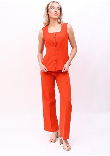 Boydan Düğmeli Yelek & Bol Paça Pantolon Takım-Turuncu modelleri