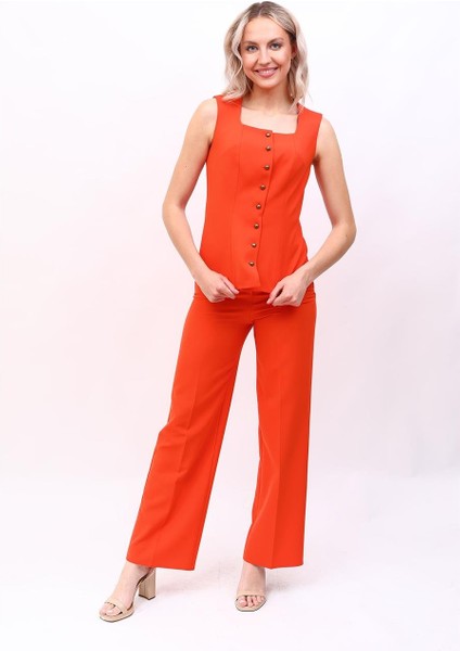 Boydan Düğmeli Yelek & Bol Paça Pantolon Takım-Turuncu fırsatları