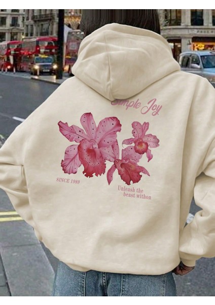 Kadın Baskılı Sweatshırt Kapüşonlu Oversize 3 Iplik Pamuklu